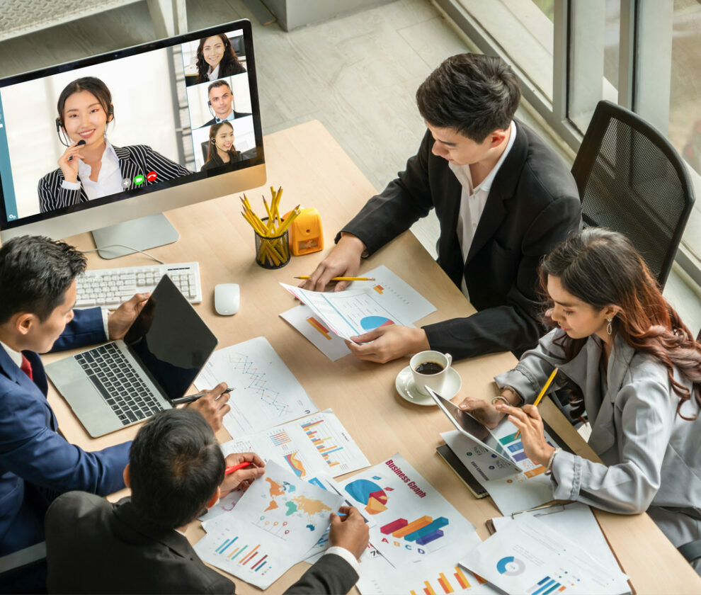 Video call group business people meeting on virtual workplace or